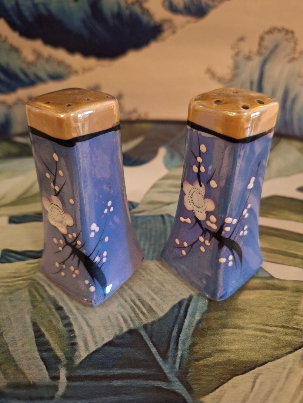 1970s Retro Lusterware Blue Floral Ceramic Salt & Pepper Shakers